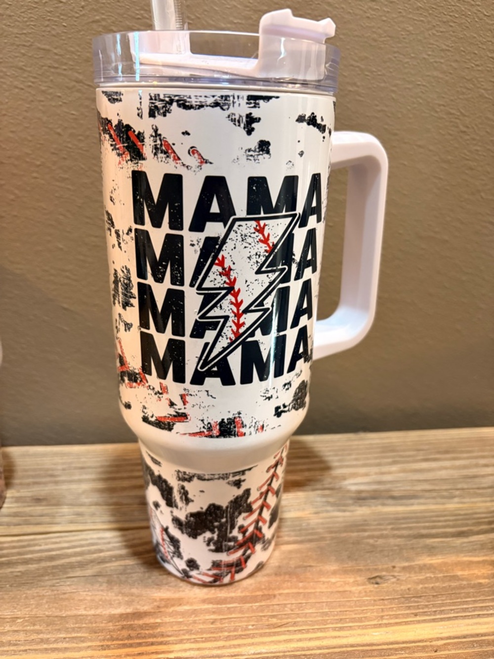 Mama Lightning Bolt White Insulated Travel Mug with Handle